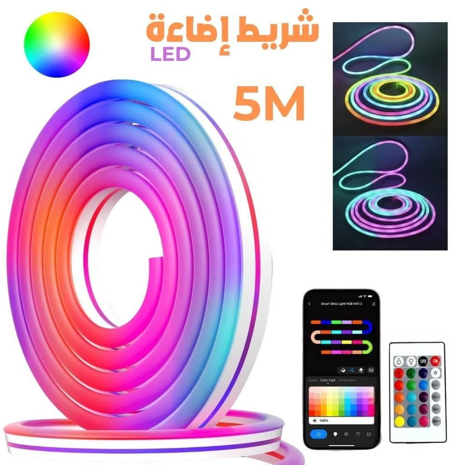 The 5m Bande LED Néon RGB Intelligente – Éclairage Personnalisé et Connecté displays vibrant colors. The image shows two lighting examples, a color wheel, app control on a smartphone, a remote, and Arabic text "شريط إضاءة" (light strip).