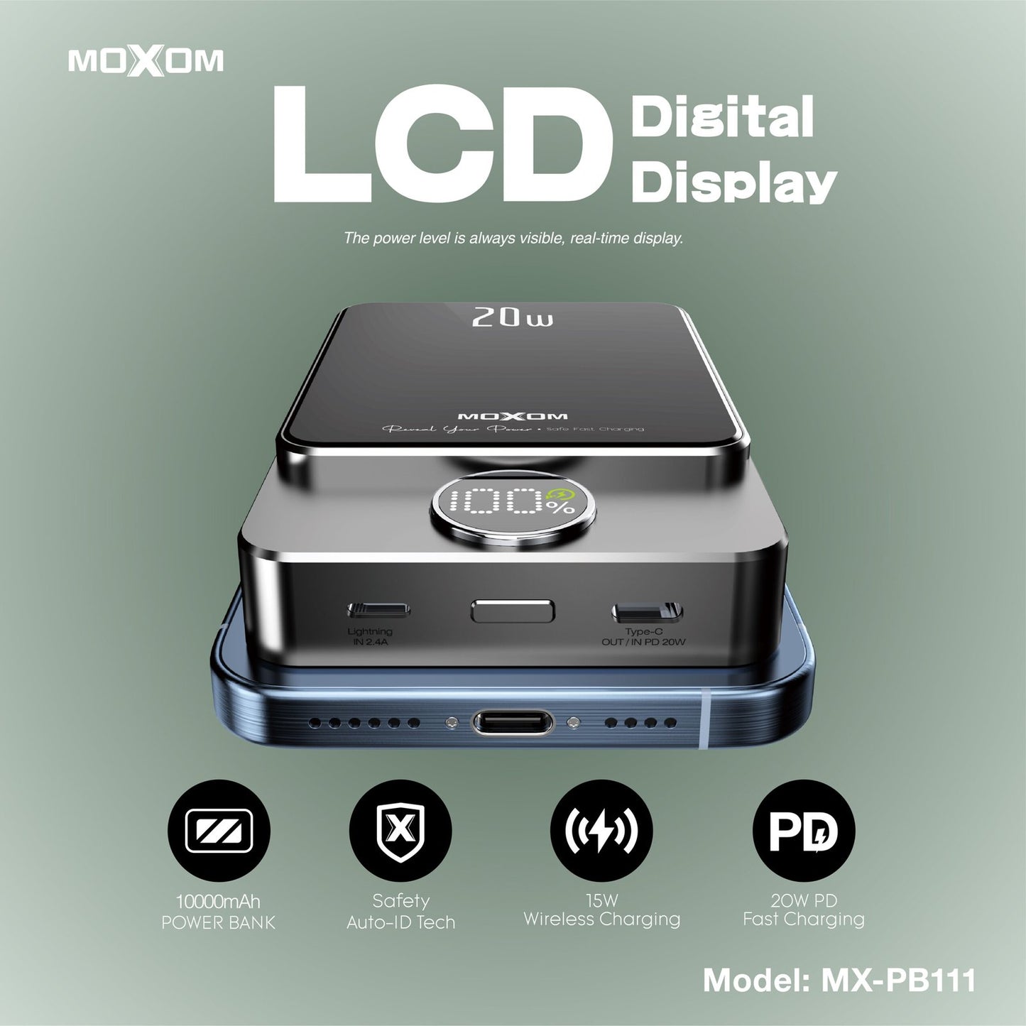 Power bank de 10,000mAh Sans fil magnétique 15W + Type-C PD 20W + USB-A